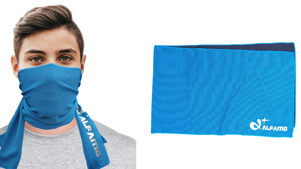 On the left, a man wearing a cooling towel around his face. On the right, a blue towel folded in half.