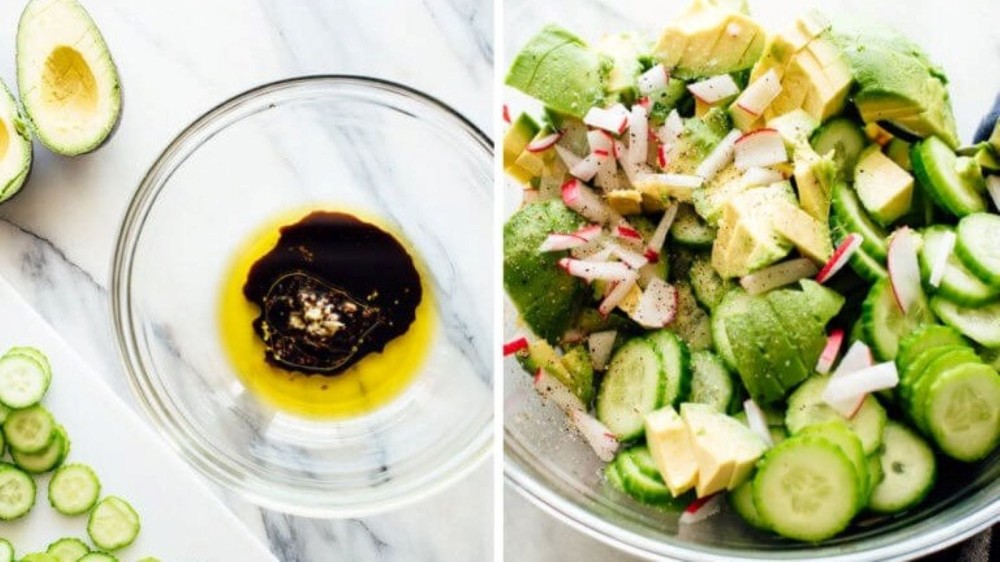 Olive oil, balsamic vinegar and garlic in a mixing bowl, and a finished cucumber salad.