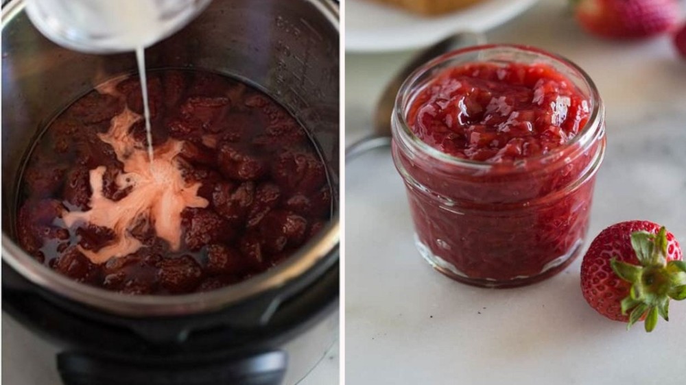 Strawberries, cornstarch, and water being mixed in an Instant Pot, and a jar full of strawberry jam.